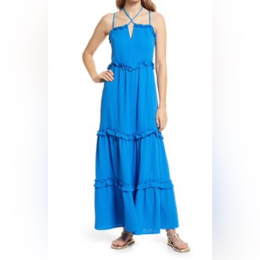 BTFL-LIFE Blue Tiered Ruffle Cotton Maxi Dress Size Large NWT